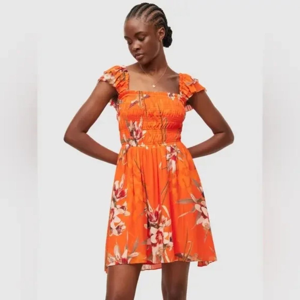 AllSaints Malika Dorado‎ Mini Ruffled Cap Sleeve Dress US 6